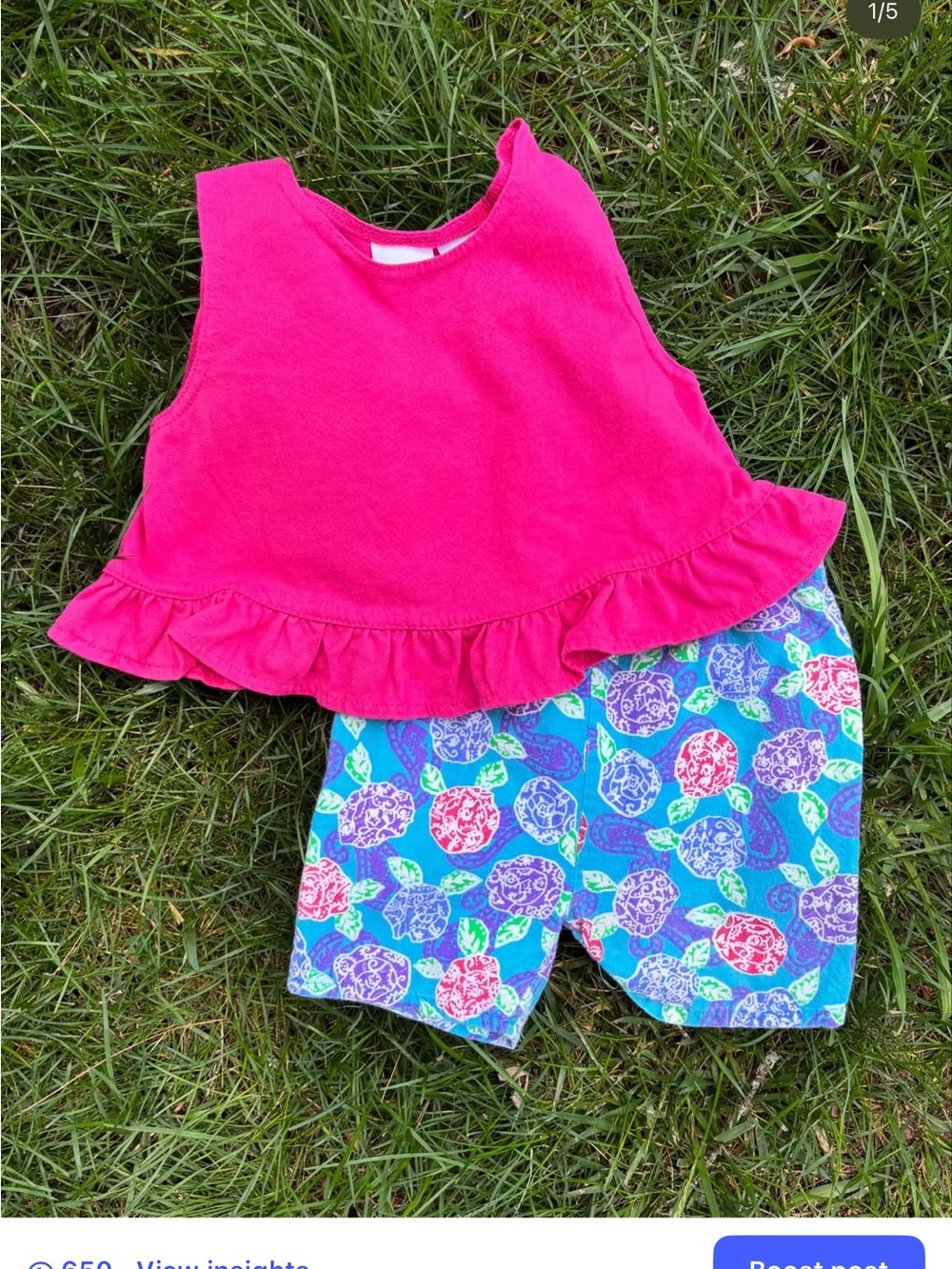 Vintage Girls Bright Pink Ruffle Tank with Turtle Shorts